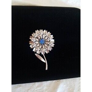 Vintage Blue and Silver Tone Floral Brooch